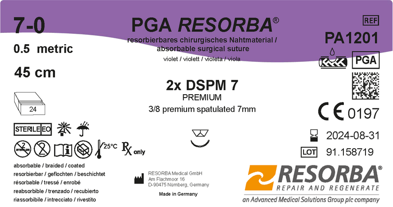 ПГА Ресорба USP9-0 фіолет. 30см, звор-ріж шпат голка типу преміум 6 мм, 3/8кола